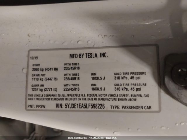 5YJ3E1EA5LF598226 Tesla Model 3 Standard Range Plus Rear-wheel Drive/standard Range Rear-wheel Drive