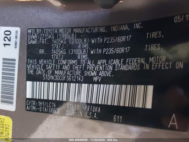 5TDYK3DC0FS612143 Toyota Sienna Xle 8 Passenger