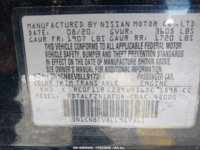 Nissan Versa Sv Xtronic Cvt 2020 3N1CN8EV8LL917361 Image 9