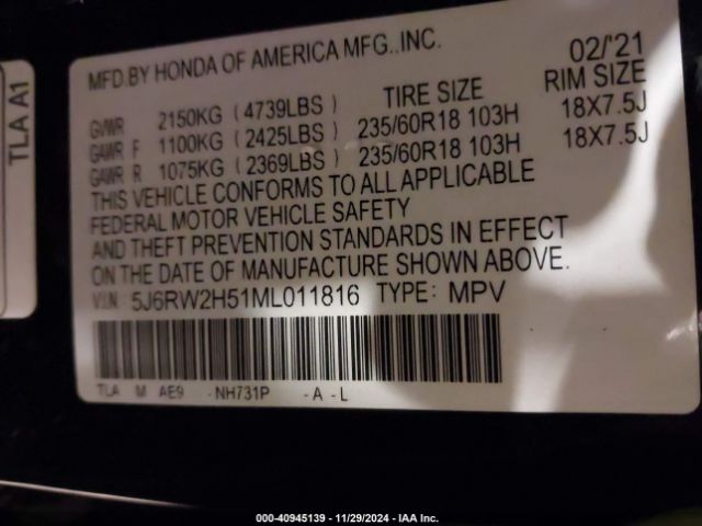 5J6RW2H51ML011816 Honda Cr-v Awd Ex