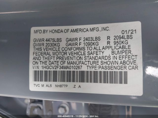 1HGCV2F34MA010267 Honda Accord Sport 2.0t