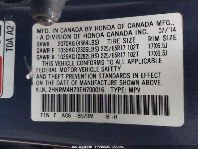 2HKRM4H79EH700016 Honda Cr-v Ex-l