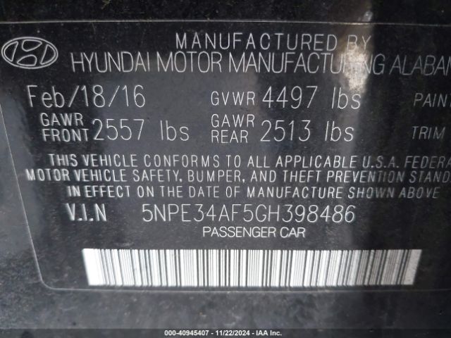 5NPE34AF5GH398486 Hyundai Sonata Sport