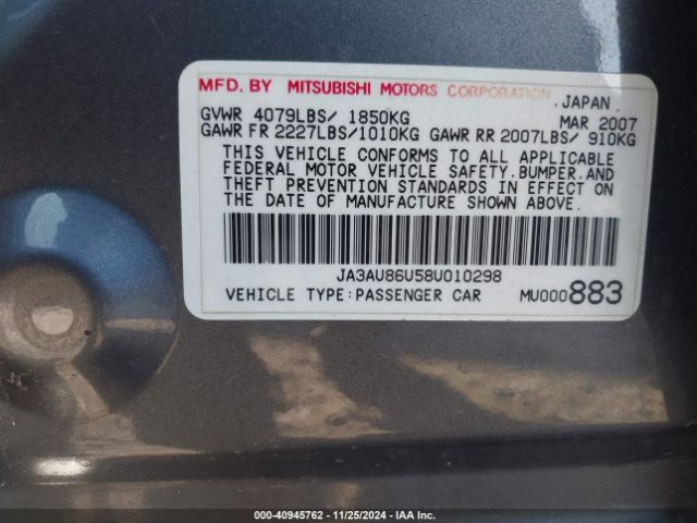 2008 MITSUBISHI LANCER JA3AU86U58U010298 Photo 8