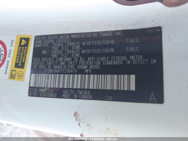2T2BK1BA7FC296479 Lexus Rx 350 Crafted Line