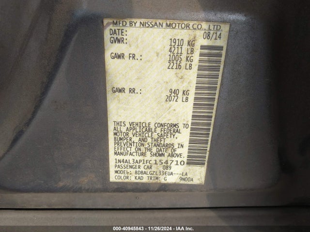 Nissan Altima 2.5 S 2015 1N4AL3AP1FC154710 Image 9