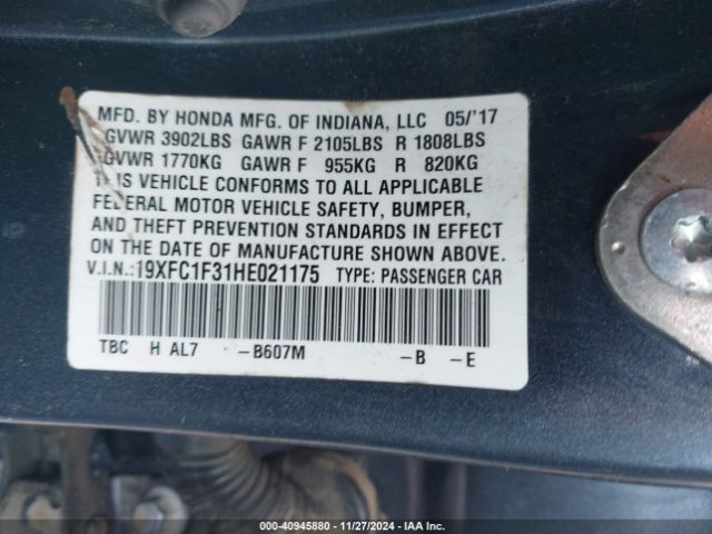 19XFC1F31HE021175 Honda Civic Ex-t