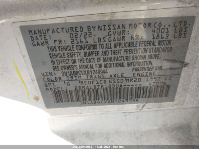 3N1AB8CVXNY249944 Nissan Sentra Sv Xtronic Cvt