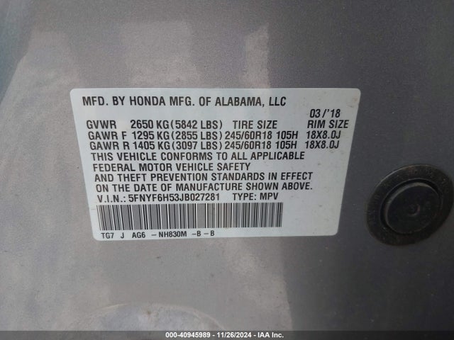 Honda Pilot Ex-l 2018 5FNYF6H53JB027281 Image 9