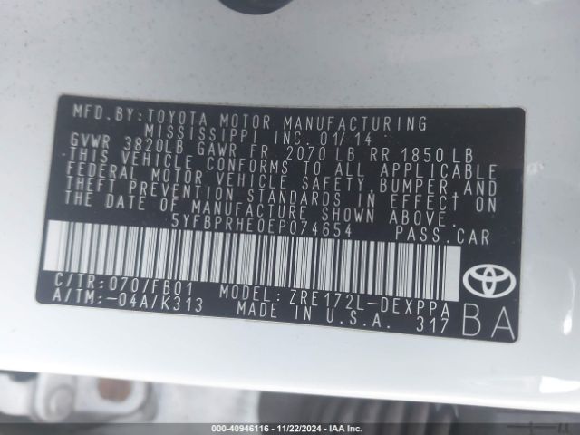 5YFBPRHE0EP074654 Toyota Corolla Le Eco Plus