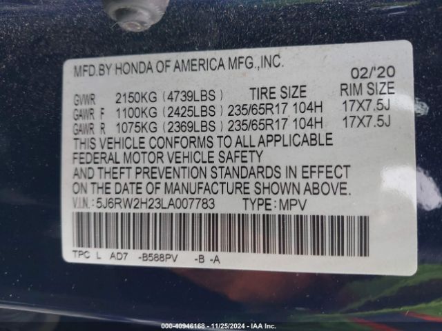 5J6RW2H23LA007783 Honda Cr-v Awd Lx