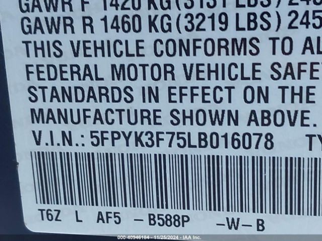 5FPYK3F75LB016078 Honda Ridgeline Rtl-e