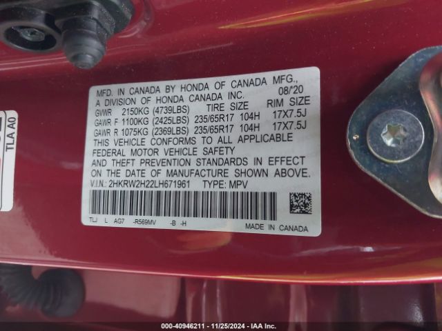 2HKRW2H22LH671961 Honda Cr-v Awd Lx