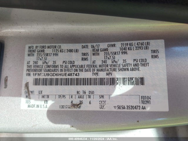Ford ESCAPE SE 2017 1FMCU9GD6HUE48743 Image 9