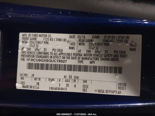 Aukcja sprzedaży 2016 Ford Escape Se, vin: 1FMCU9GX8GUC78927, numer aukcji: 40946237