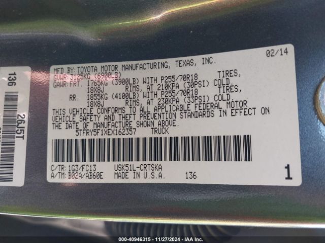 5TFRY5F1XEX162357 Toyota Tundra Sr5 5.7l V8