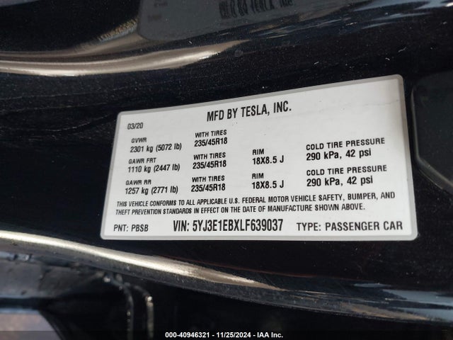 2020 TESLA MODEL 3 5YJ3E1EBXLF639037 Photo 8