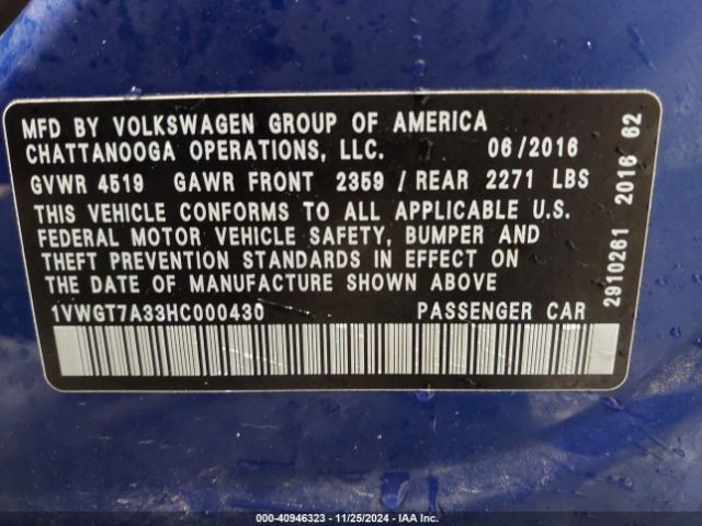 1VWGT7A33HC000430 Volkswagen Passat 1.8t Se