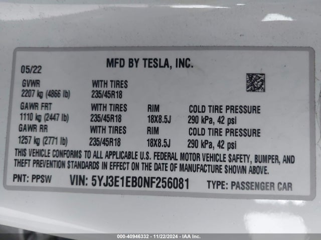 2022 TESLA MODEL 3 5YJ3E1EB0NF256081 Photo 8