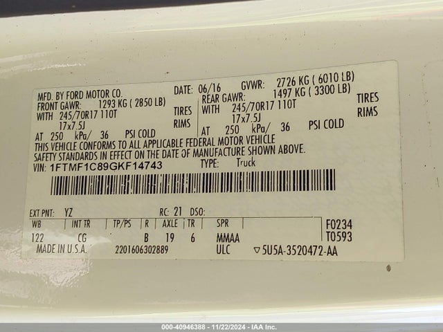 Ford F-150 Xl 2016 1FTMF1C89GKF14743 Image 9