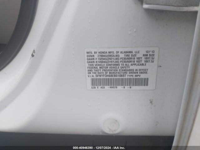 5FNYF3H68EB010697 Honda Pilot Ex-l