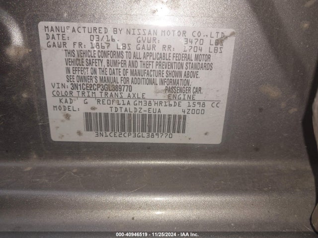 3N1CE2CP3GL389770 Nissan Versa Note Sv