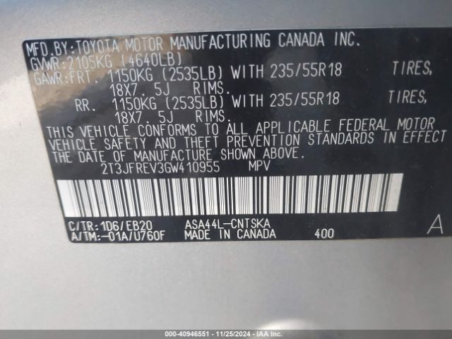 2T3JFREV3GW410955 Toyota RAV4 SE