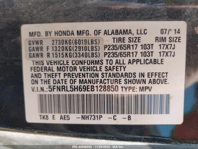 Honda Odyssey Ex-l 2014 5FNRL5H69EB128850 Image 9