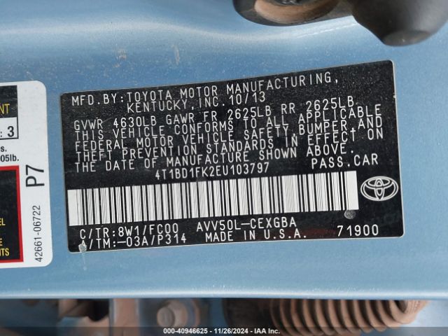 4T1BD1FK2EU103797 Toyota Camry Hybrid Xle