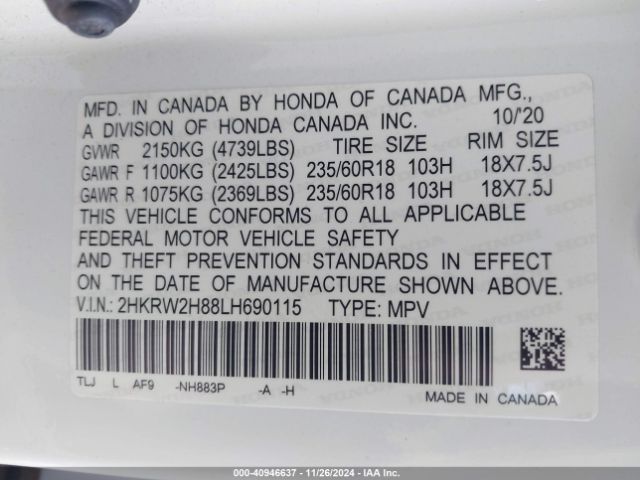2HKRW2H88LH690115 Honda Cr-v Awd Ex-l