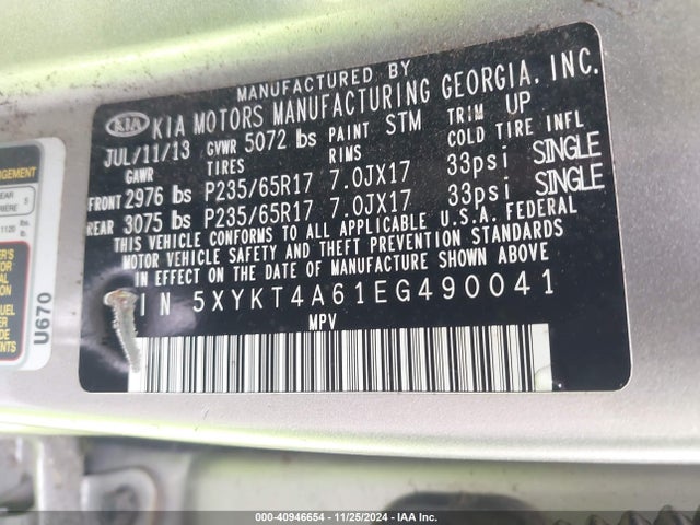 KIA SORENTO LX 2014 5XYKT4A61EG490041 Image 9
