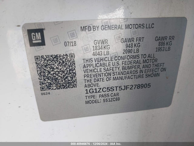 Chevrolet Malibu 1fl 2018 1G1ZC5ST5JF278905 Image 9