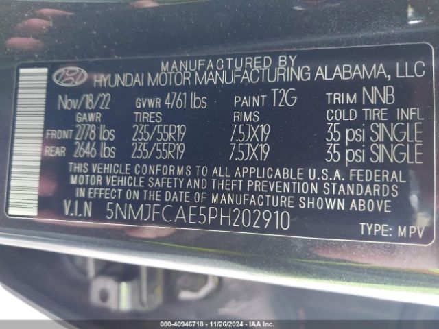5NMJFCAE5PH202910 Hyundai TUCSON SEL