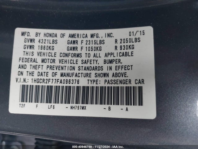 Honda ACCORD EX 2015 1HGCR2F77FA096376 Image 9