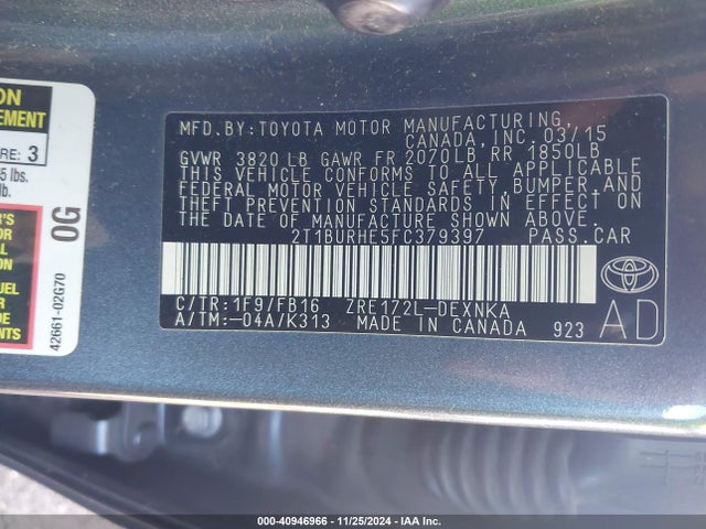 Toyota COROLLA LE 2015 2T1BURHE5FC379397 Image 9