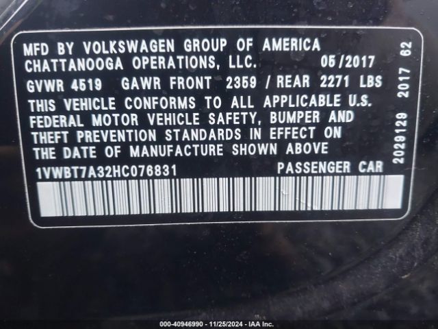 1VWBT7A32HC076831 Volkswagen Passat 1.8t Se