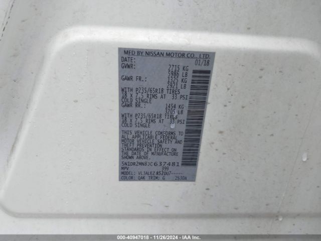 5N1DR2MN8JC637481 Nissan Pathfinder Sv