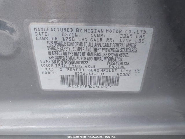 Nissan Versa 1.6 S 2016 3N1CN7AP9GL901922 Image 9