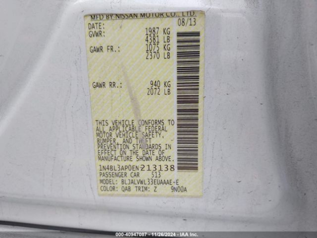1N4BL3AP0EN213138 Nissan Altima 3.5 Sl