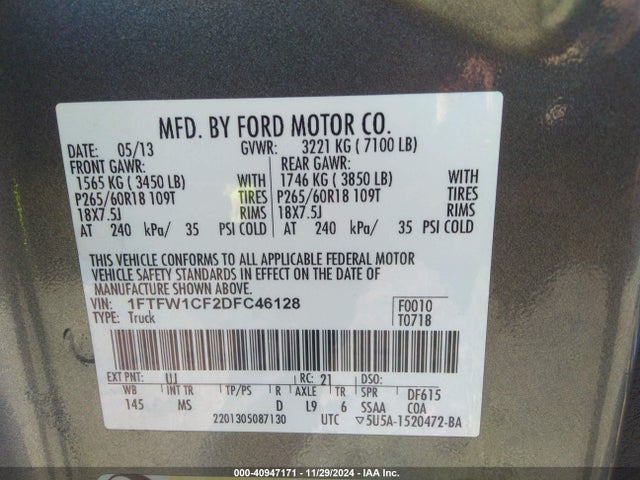 40947171 :رقم المزاد ، 1FTFW1CF2DFC46128 vin ، 2013 Ford F-150 Xlt مزاد بيع