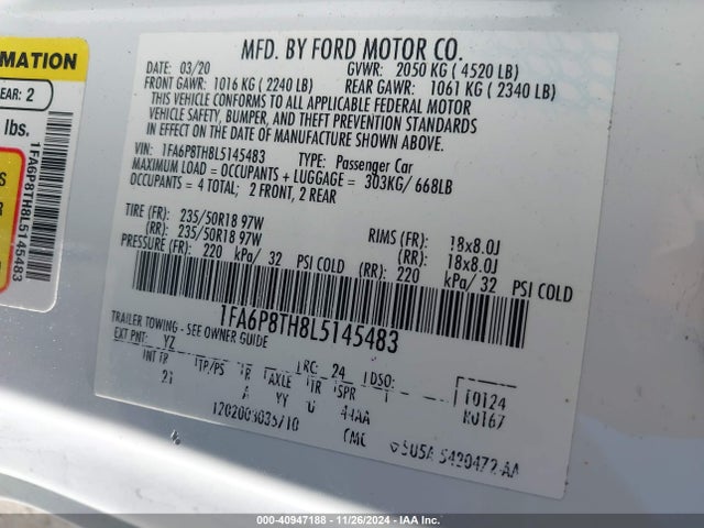Ford Mustang Ecoboost 2020 1FA6P8TH8L5145483 Image 9