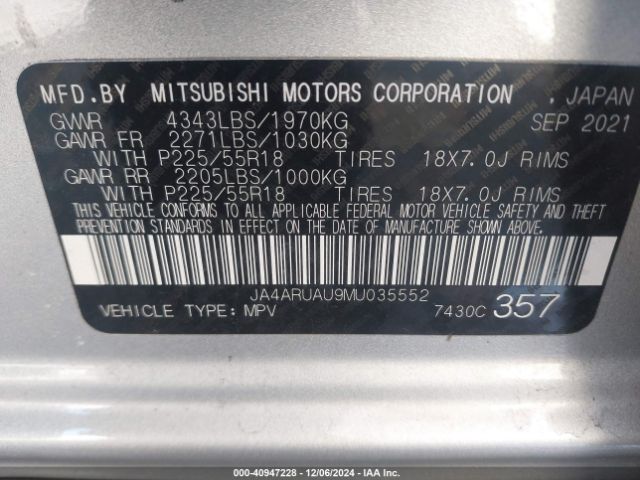 JA4ARUAU9MU035552 Mitsubishi Outlander Sport 2.0 Be /2.0 Es /2.0 Le /2.0 Se