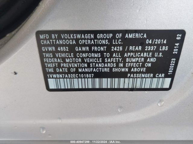 1VWBN7A32EC101507 Volkswagen Passat 2.0l Tdi Se