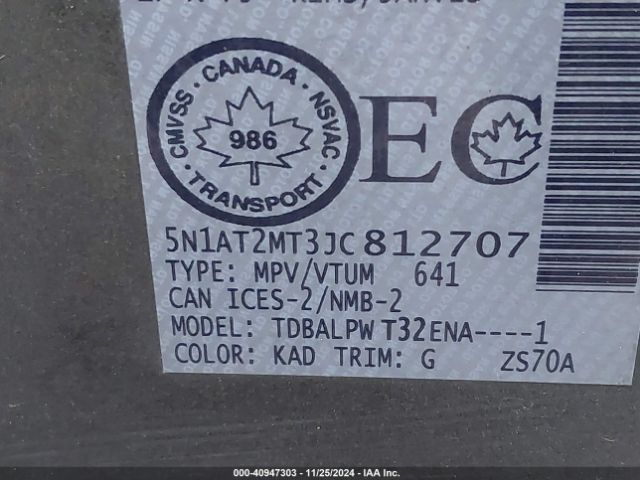 5N1AT2MT3JC812707 Nissan Rogue S/sl/sv