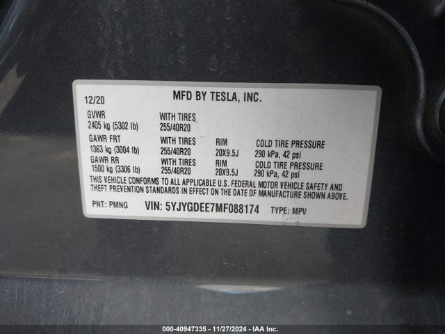2021 TESLA MODEL Y 5YJYGDEE7MF088174 Photo 8