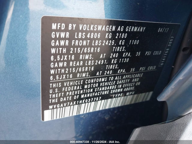WVGAV7AX1HK037757 Volkswagen Tiguan 2.0t/2.0t S