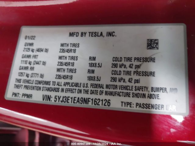 5YJ3E1EA9NF162126 Tesla Model 3 Rear-wheel Drive
