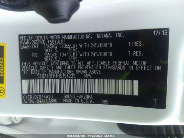 5TDZZRFH4HS194233 Toyota Highlander Le Plus
