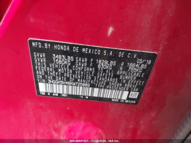 3HGGK5H46KM725889 Honda FIT LX