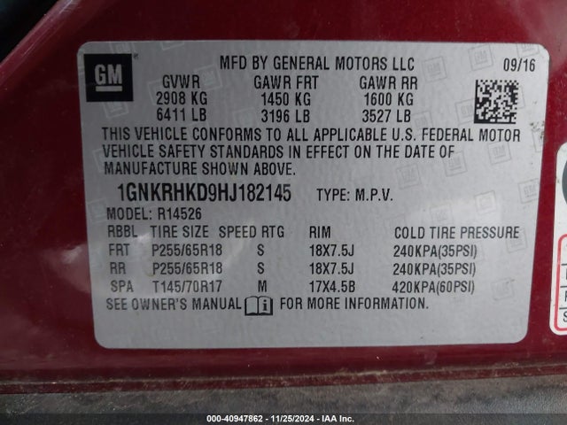Chevrolet Traverse 2lt 2017 1GNKRHKD9HJ182145 Image 9